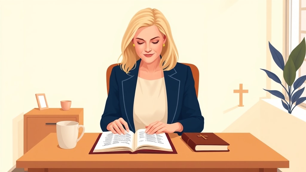 A friendly middle-aged white woman care team chair sitting calmly at a simple wooden desk in a warm church office looking down at an open paper notebook with a short list of names