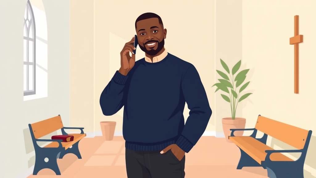 A friendly middle-aged African American male deacon standing calmly in a warm church hallway holding a single phone to his ear with his other hand resting at his side