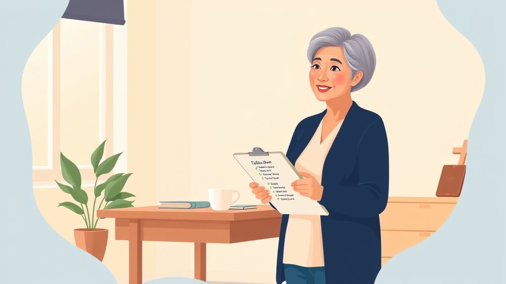 A friendly older Asian woman care team chair standing thoughtfully beside a simple wooden desk in a warm church office holding a single clipboard with a short follow-up checklist