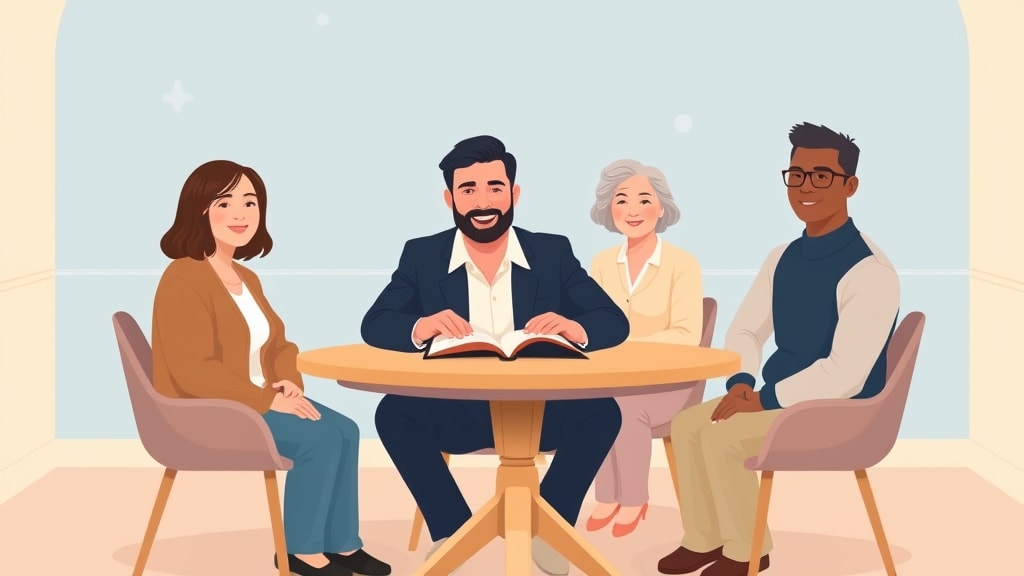 Four diverse care team members sitting calmly around a simple round wooden table in a warm church meeting room with one member holding a single open paper notebook in front of him