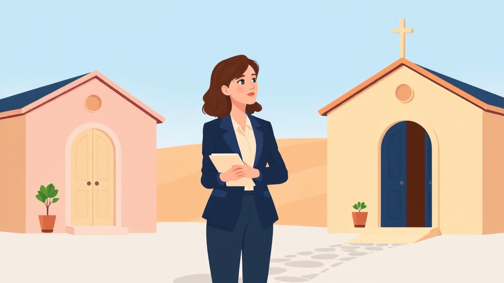 A friendly middle aged white woman deacon chair standing calmly on a stone path between two warm cream walled small church buildings looking thoughtfully toward the right
