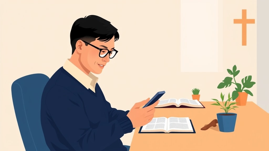 A friendly middle aged Asian pastor sitting calmly at a simple wooden desk in a warm church office holding a single phone at desk level and looking thoughtfully down at an open paper notebook