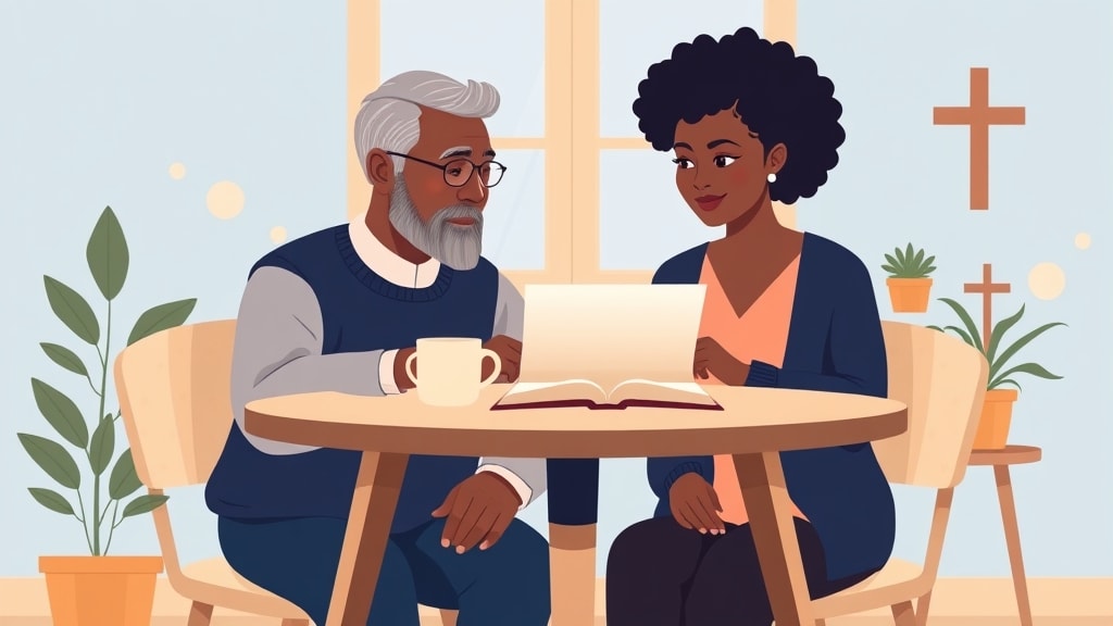 A friendly older Hispanic deacon and a younger Black woman care coordinator sitting side by side at a simple round wooden table looking together at a single printed page between them in a warm cream walled church office