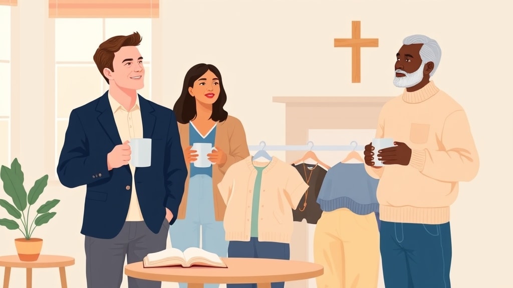 Three diverse small church care team members standing calmly together in a warm fellowship hall holding simple ceramic mugs looking thoughtfully toward one another in quiet conversation