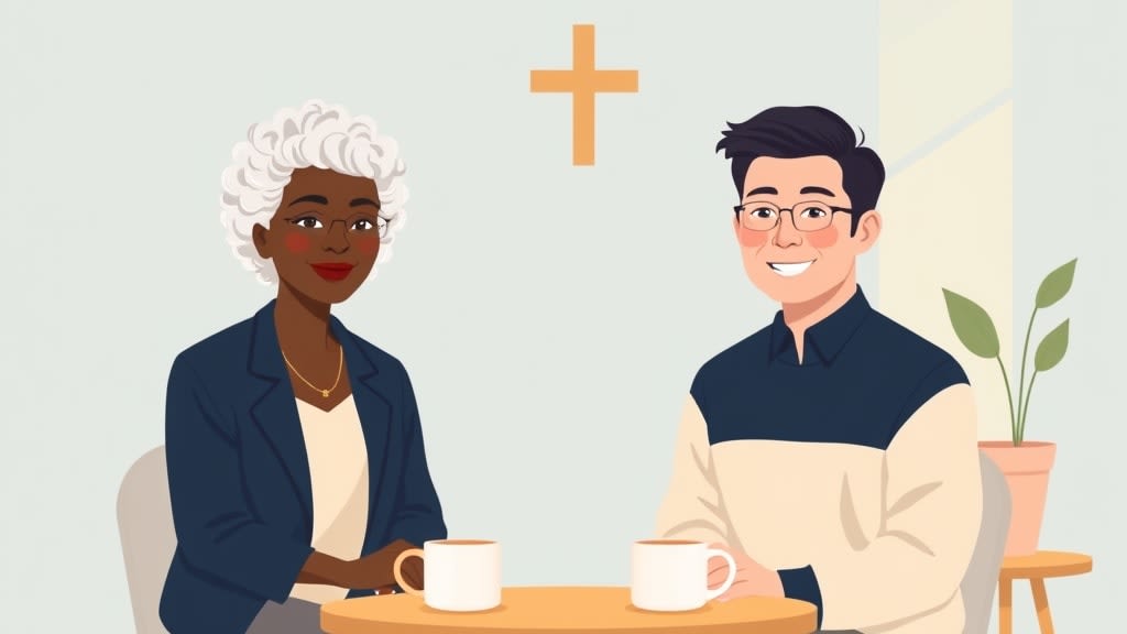 A friendly older Black woman elder and a friendly middle aged Korean American male pastor sitting calmly across a small round wooden table from each other in a warm cream walled church office each with a single simple ceramic mug