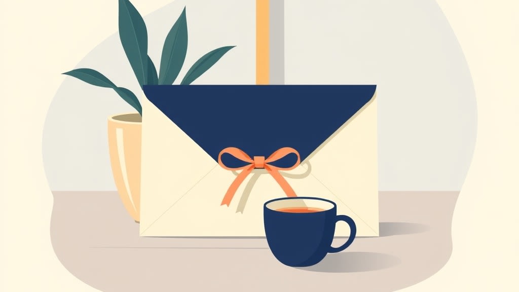 A single closed cream envelope with a small soft peach ribbon resting on a plain wooden desk beside a single simple ceramic mug in warm afternoon light, no people