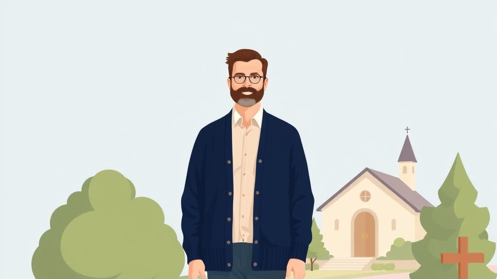 A friendly middle aged white male pastor walking calmly along a quiet garden path in soft late afternoon light with both hands resting at his sides