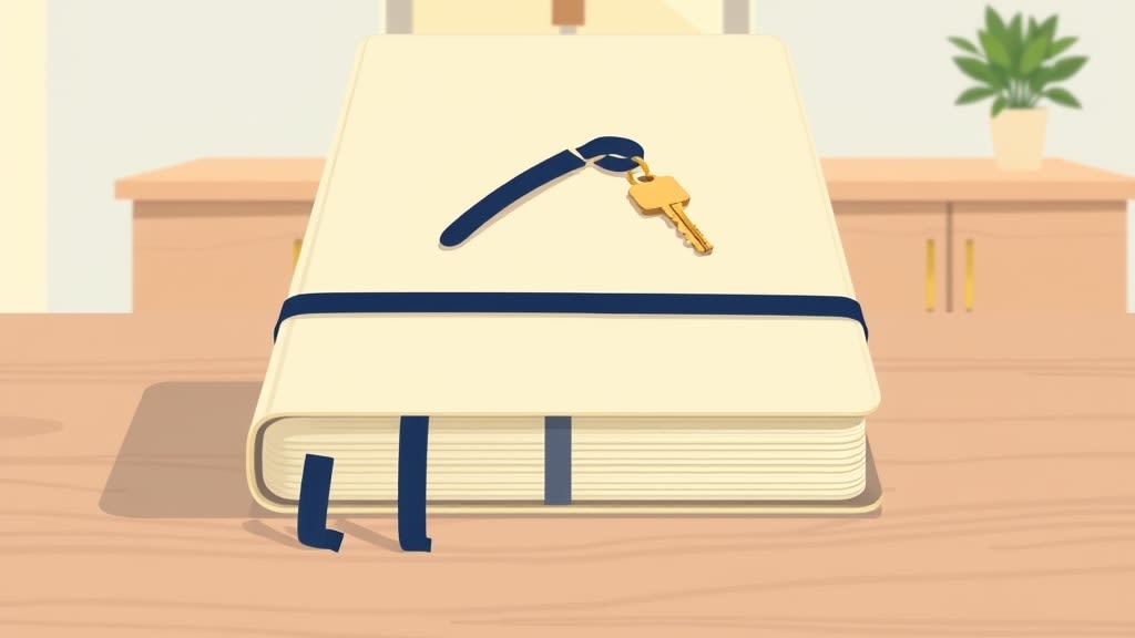 A single closed cream planner book with a small navy ribbon bookmark and a small brass door key resting on top of the closed cover on a plain wooden church office desk in warm morning window light with a small wooden cross on the cream wall in the background, no people