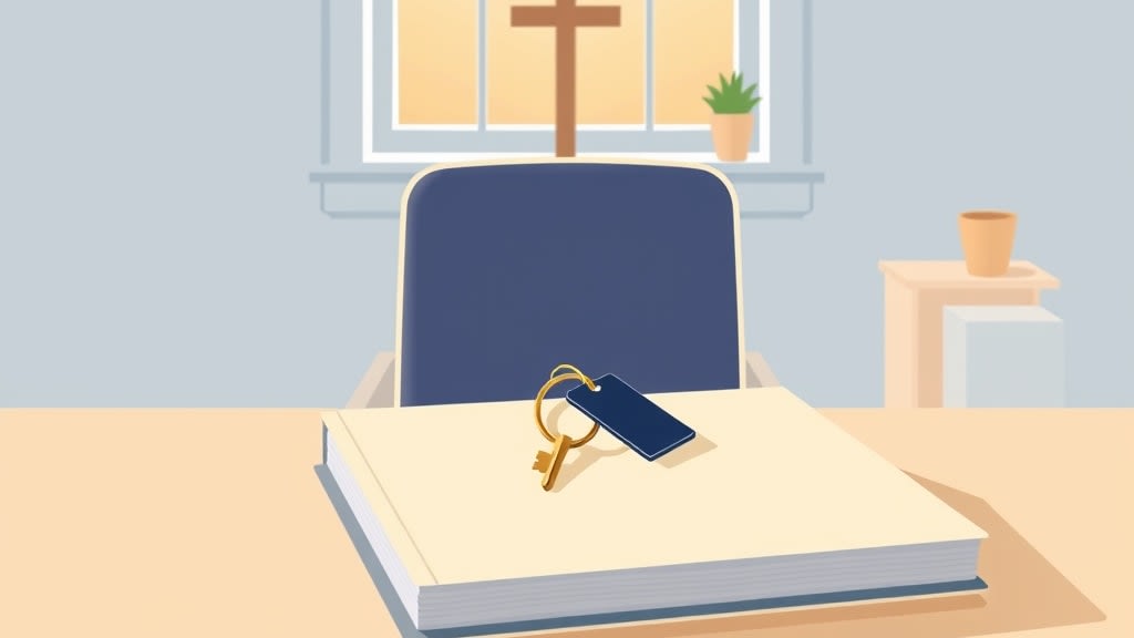 A single small brass key with a soft navy tag resting on a plain wooden church office desk in warm afternoon window light beside a single closed cream planner book with a small wooden cross on the cream wall in the background, no people