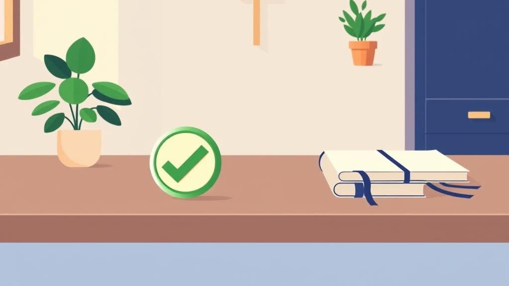 A single small green checkmark badge and a single small soft peach question mark badge resting side by side on a plain wooden church office desk in soft afternoon light with a small wooden cross on the cream wall in the background, no people