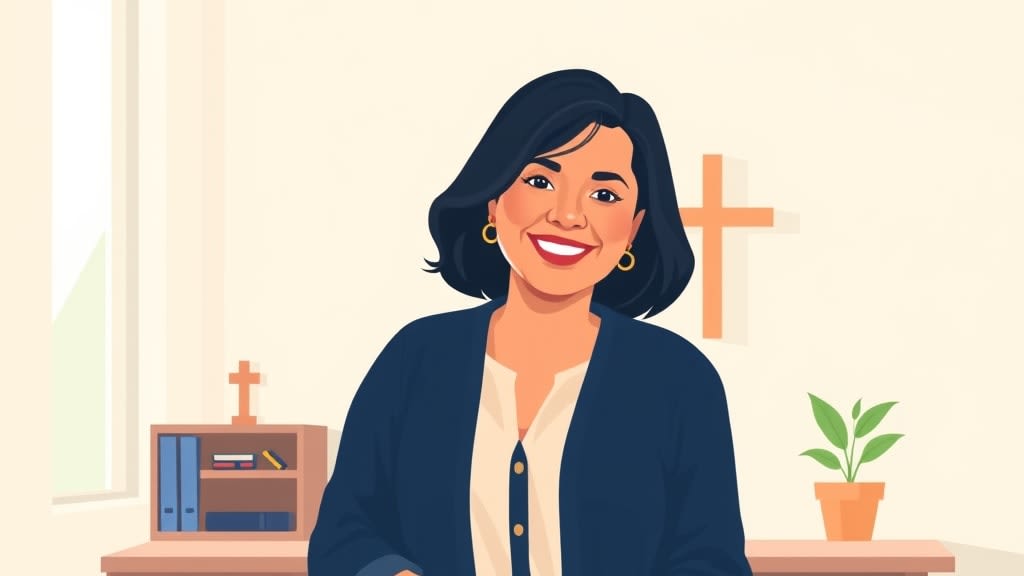 A friendly middle aged Hispanic church care team leader with short dark hair and a warm smile standing warmly beside a plain wooden church office desk in a cream walled room with a small wooden cross on the wall, both hands resting gently at her sides