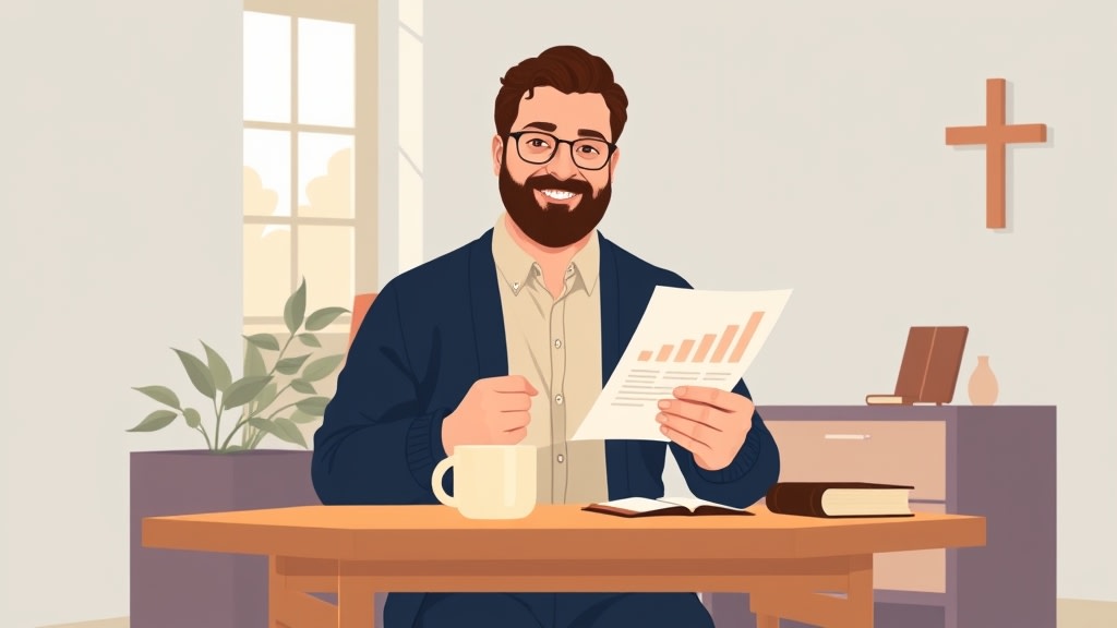 A friendly bearded middle-aged white pastor sitting calmly at a simple wooden desk in a warm church office looking at a single sheet of paper with a short bar chart on it
