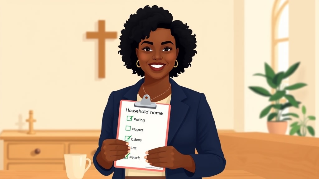A friendly middle-aged African American woman care team chair standing calmly at a simple wooden table looking down at a single clipboard with a checklist of household names