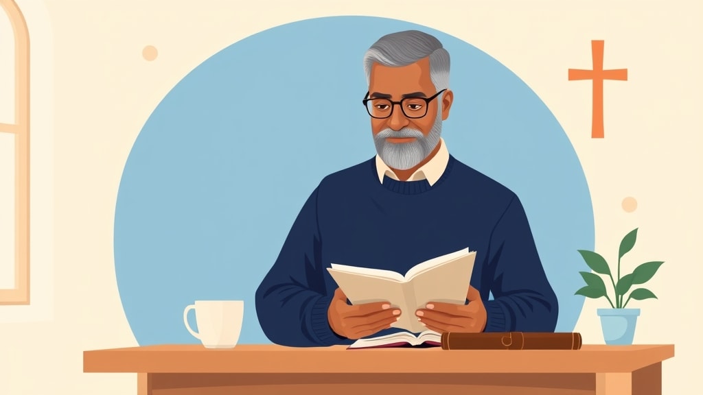 A friendly older Hispanic male deacon standing thoughtfully beside a simple wooden desk holding a single bound paper notebook and looking down at it