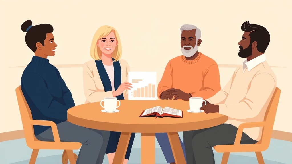 Four diverse care team members sitting calmly around a simple round wooden table in a warm church meeting room with one member holding a single printed coverage report