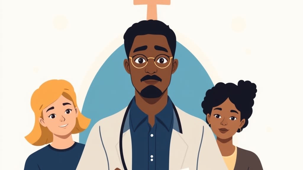 Two diverse small church care team members sitting calmly side by side at a simple round wooden table in a warm cream walled fellowship room looking together at a single open paper planner book between them