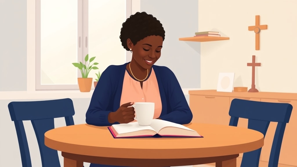 A friendly middle aged Black woman deacon chair sitting calmly at a simple wooden kitchen table holding a single small ceramic mug and looking thoughtfully down at a single open paper notebook on the table