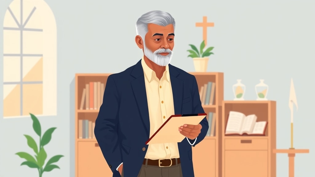 A friendly older Hispanic deacon standing calmly beside a simple wooden bookshelf in a warm cream walled church office holding a single clipboard with a short handwritten list and looking thoughtfully down at the page