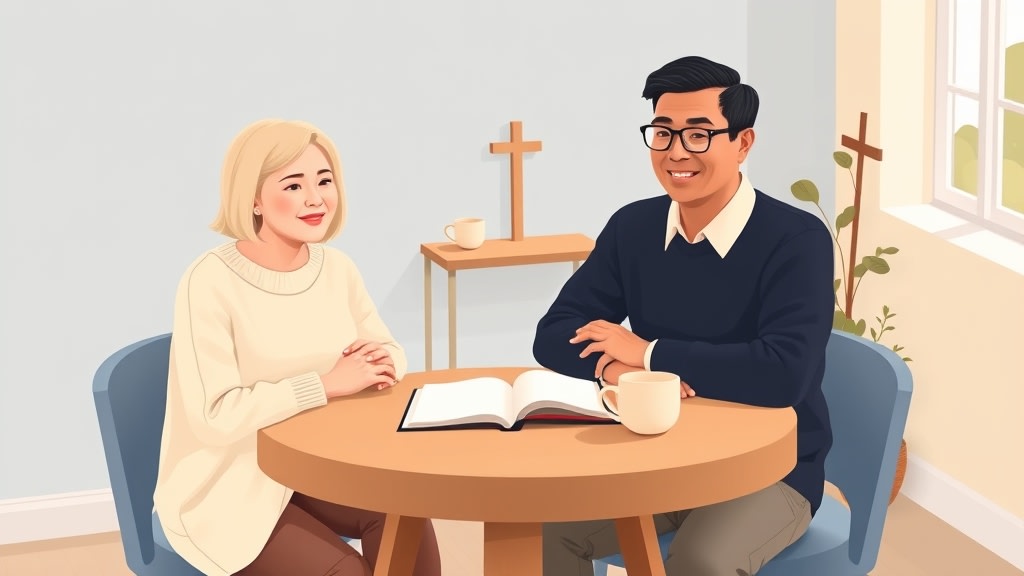 Two diverse small church care team members sitting calmly side by side at a simple round wooden table in a warm cream walled fellowship room looking together at a single open paper planner book between them