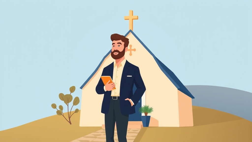A friendly middle aged white pastor standing calmly on a stone path between a warm cream walled small church building and a soft blue sky holding a single small bound notebook and looking thoughtfully toward the church