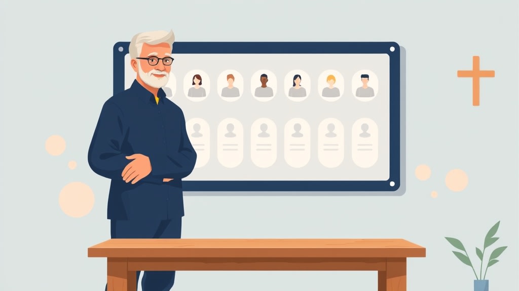 A pastor standing before a board of family status cards with colored indicator dots