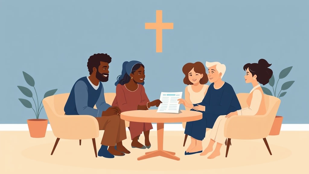 Three diverse care team members in a church meeting room reviewing a family list together