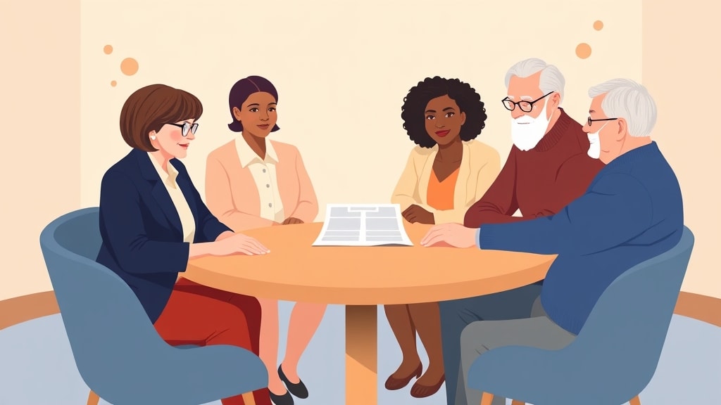 A friendly diverse church care team of four people sitting calmly together around a simple round wooden table in a warm cream-walled fellowship hall all looking together at a single printed paper agenda resting flat on the table between them