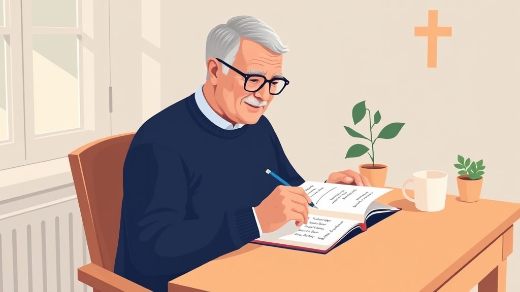 A friendly older white deacon sitting calmly at a simple wooden desk in a warm cream-walled study at home writing in an open planner book with handwritten household names and dates