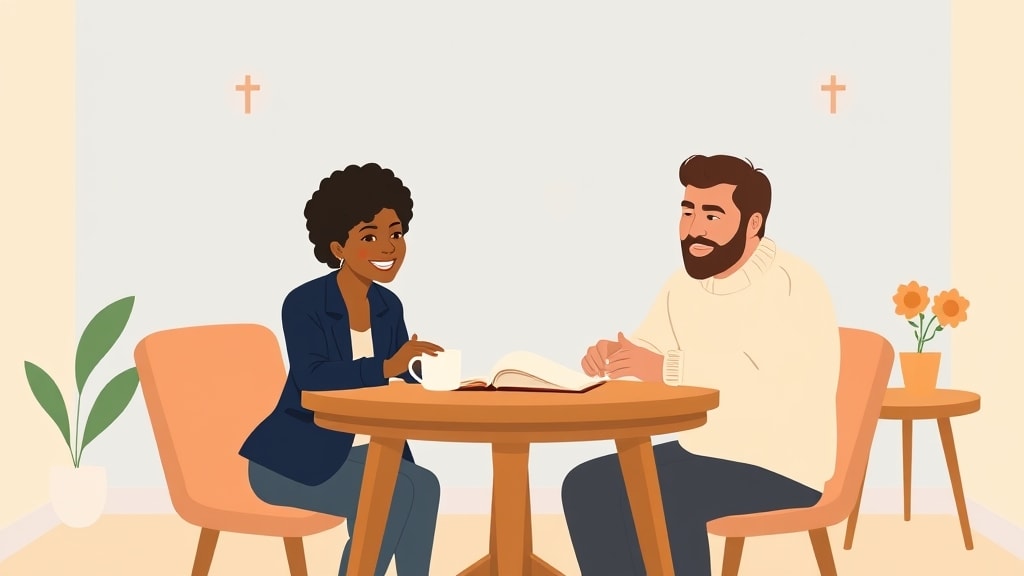 A friendly middle-aged African American woman care team chair sitting calmly with a friendly bearded white pastor at a simple round wooden table in a warm cream-walled church office both looking together at a single printed paper meeting summary