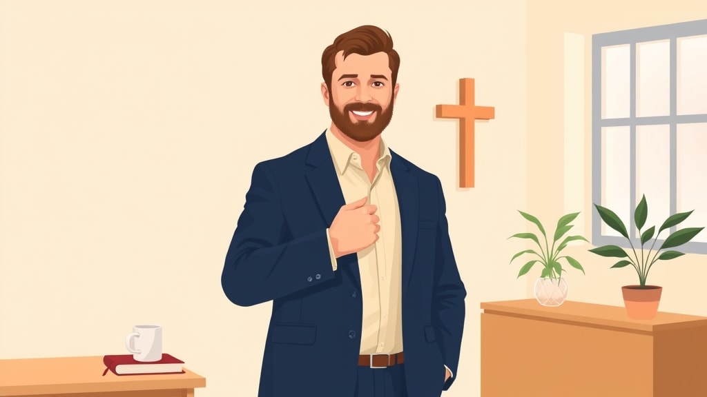 A friendly middle-aged white male pastor standing calmly in a warm cream-walled church office holding a single phone in one hand at chest height while his other hand rests at his side
