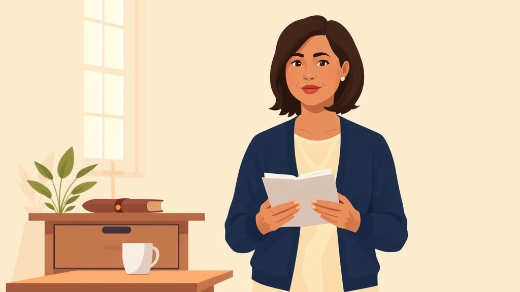 A friendly middle-aged Hispanic woman deacon chair standing thoughtfully beside a simple wooden desk in a warm church office holding a single open paper notebook with a short list of family names