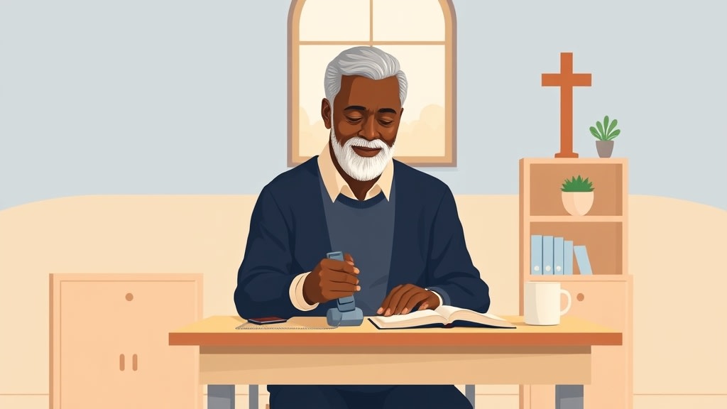 A friendly older African American male deacon sitting calmly at a simple wooden desk in a warm church office looking down at a single phone resting on the desk in front of him