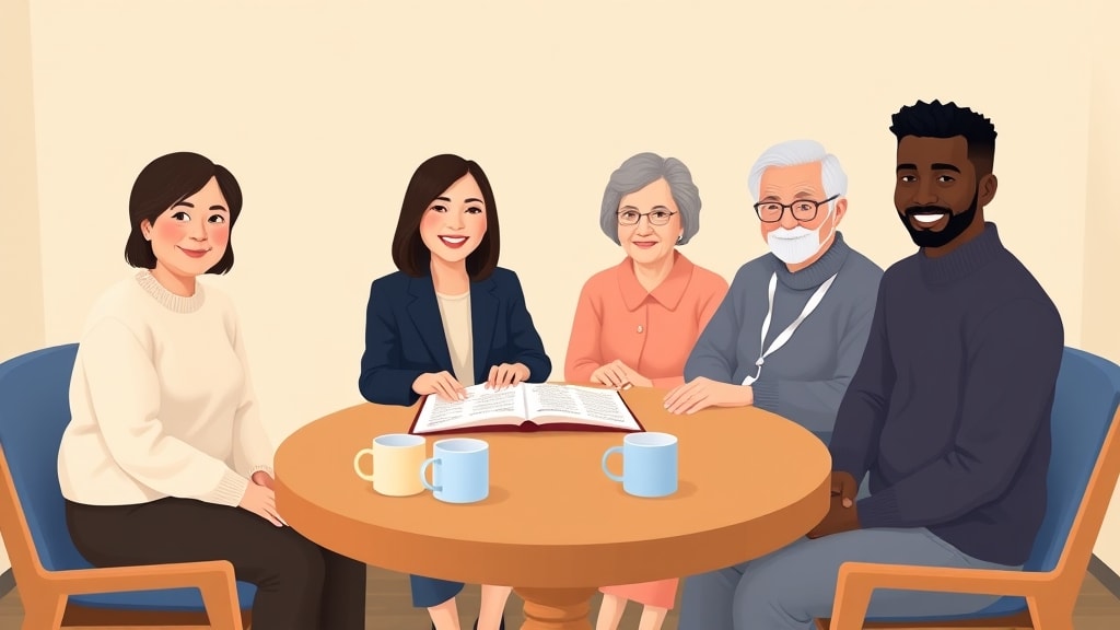 Four diverse care team members sitting calmly around a simple round wooden table in a warm church meeting room with one member holding a single open paper notebook in front of her