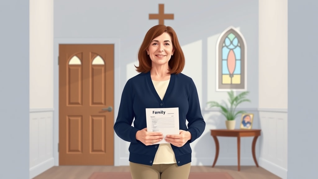 A friendly middle-aged white female care chair standing calmly in a small white country church foyer holding a single printed list of family names in both hands