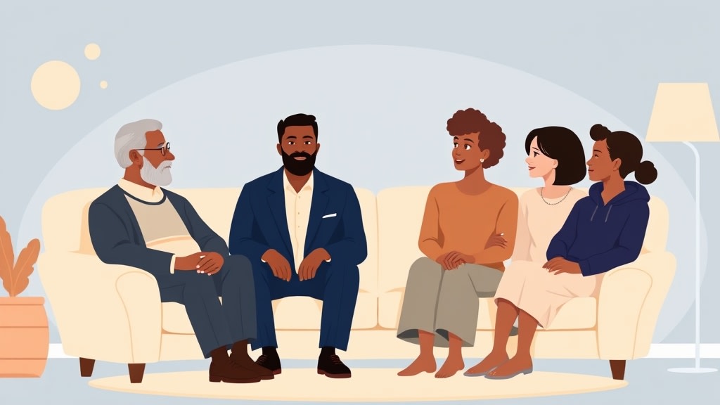 A middle-aged African American pastor sitting calmly with a multi-generational Hispanic family in their warm cream-walled living room with an open Bible and one ceramic mug on the side table