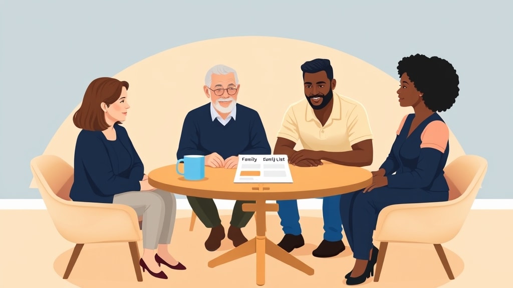 Four diverse care team members sitting calmly around a simple round wooden conference table in a warm cream-walled church meeting room with one printed family list resting flat in the center of the table