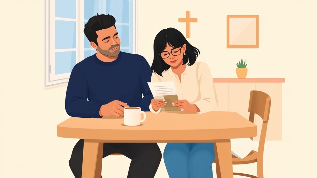 A middle-aged Hispanic care team volunteer couple sitting calmly side by side at a simple wooden kitchen table at home looking together at one printed list of household names and a phone resting flat on the table between them