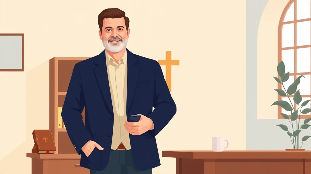 A friendly middle-aged white male pastor standing calmly in a warm church office holding a single phone in one hand at chest height while his other hand rests at his side
