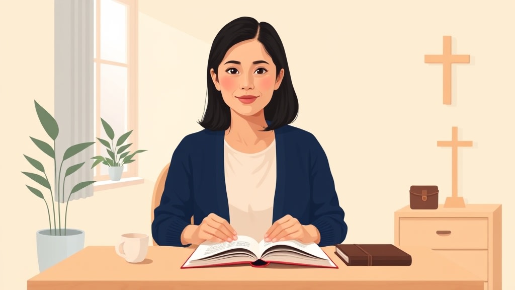 A friendly middle-aged Asian woman care coordinator sitting calmly at a simple wooden desk in a warm church office holding a single open paper notebook with a short list of family names