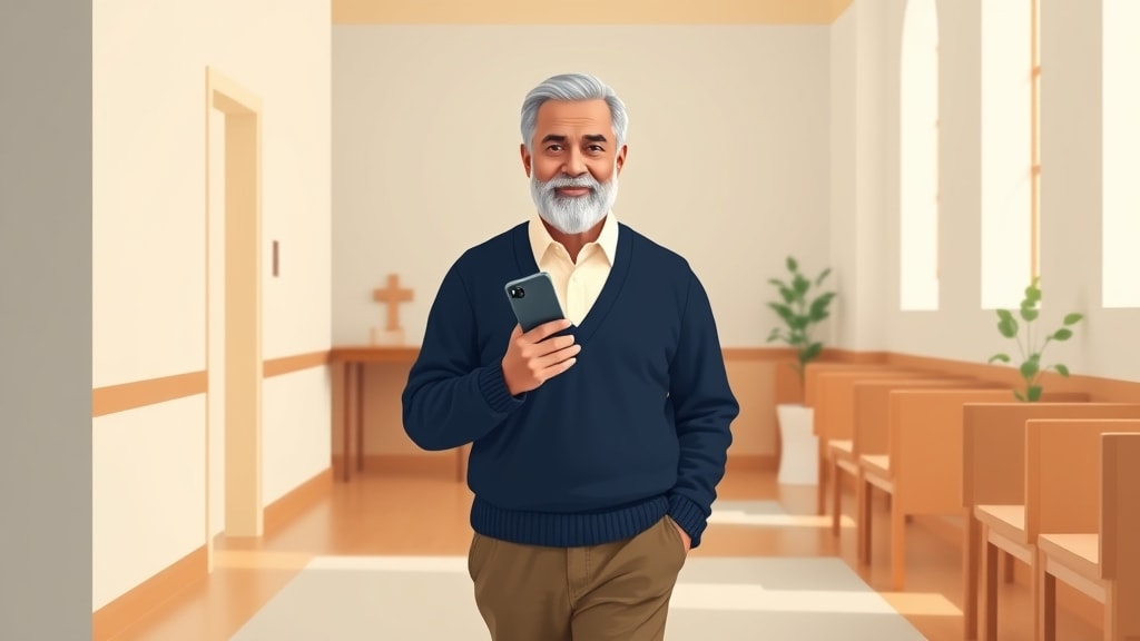 A friendly older Hispanic male deacon walking calmly along a quiet church hallway holding a single phone in one hand while his other hand rests at his side