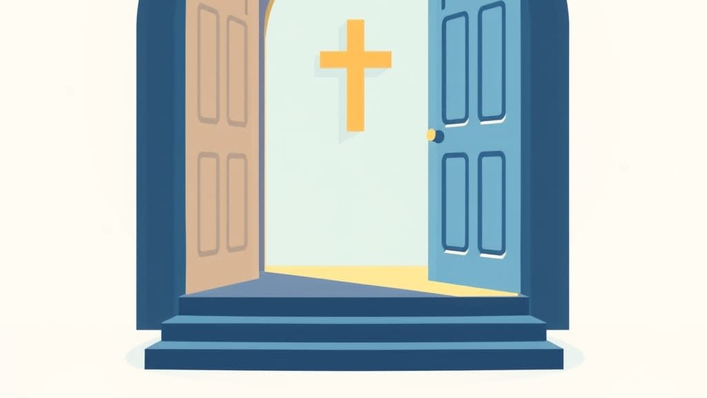 A friendly elder warmly greeting a young family at the church entrance