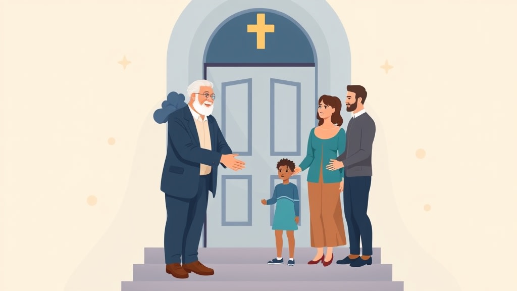 A friendly elder warmly greeting a young family at the church entrance