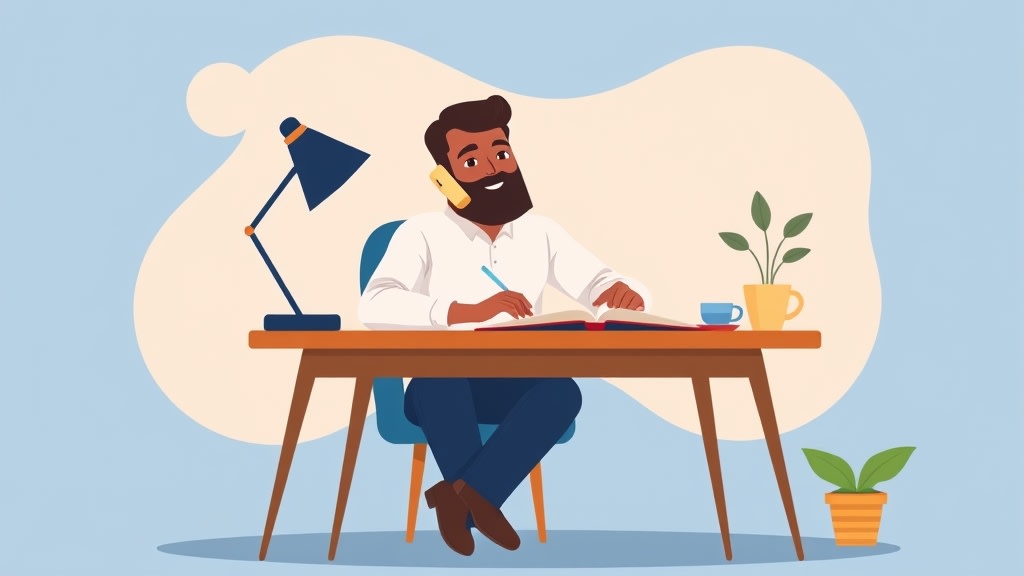 A deacon at a desk on the phone, writing follow-up notes in a small notebook