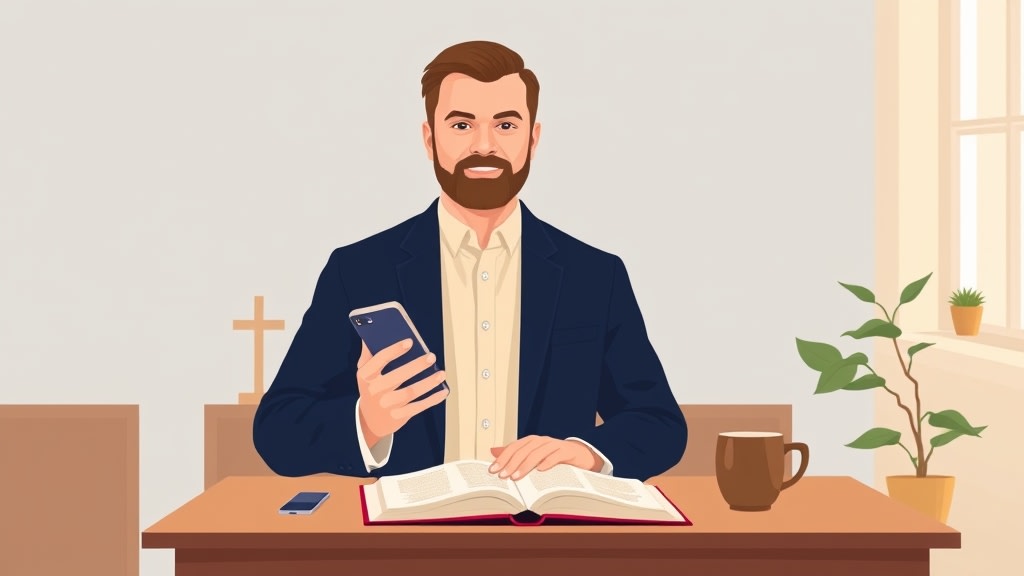 A friendly middle-aged white male pastor standing calmly in a warm church office holding a single phone in one hand while his other hand rests on a small open paper notebook on a wooden desk