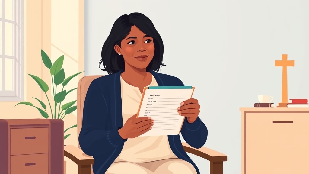 A friendly middle-aged Hispanic woman care chair sitting calmly at a simple wooden desk in a warm church office holding a single open clipboard with a short handwritten list of family names