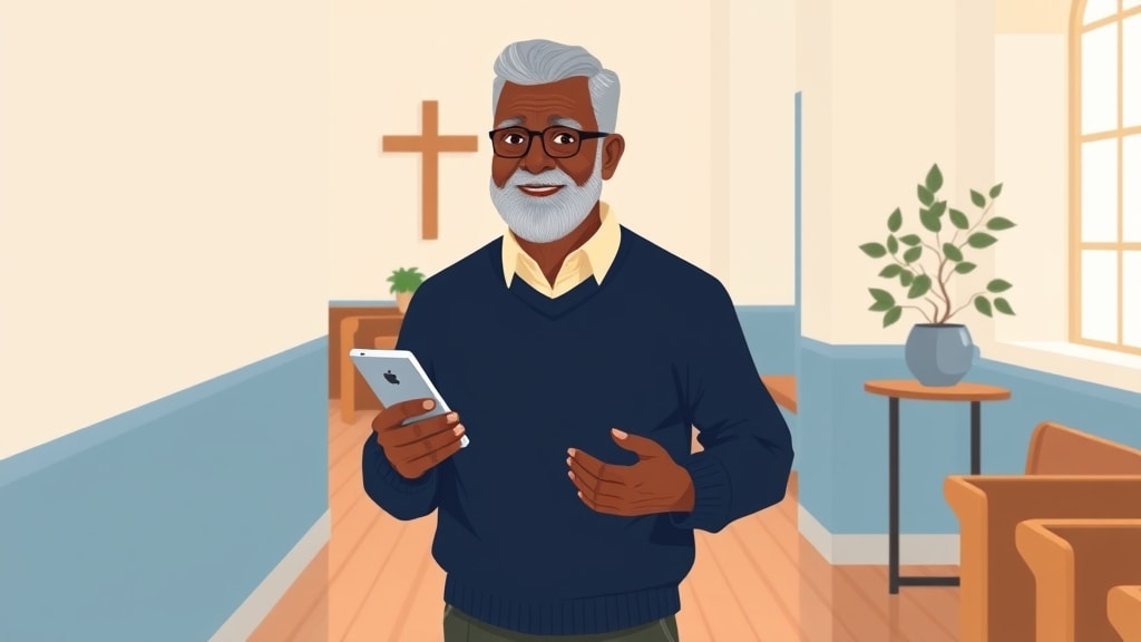 A friendly older African American male deacon walking calmly through a quiet church hallway holding a single phone in one hand while his other hand rests at his side
