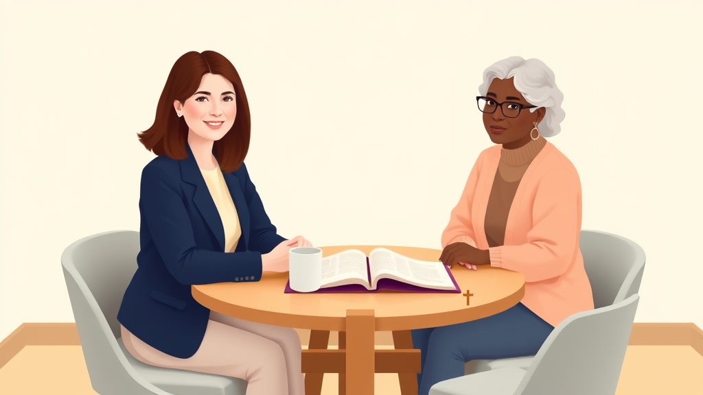 Three diverse care team members sitting calmly around a simple round wooden table in a warm church meeting room with one member holding a single open paper planner in front of her