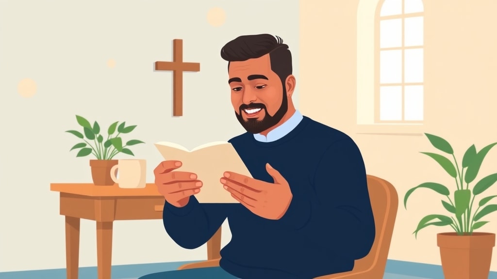 A friendly middle-aged Hispanic pastor sitting calmly at a simple wooden desk in a warm cream-walled church office, holding a single printed page with a short list of names