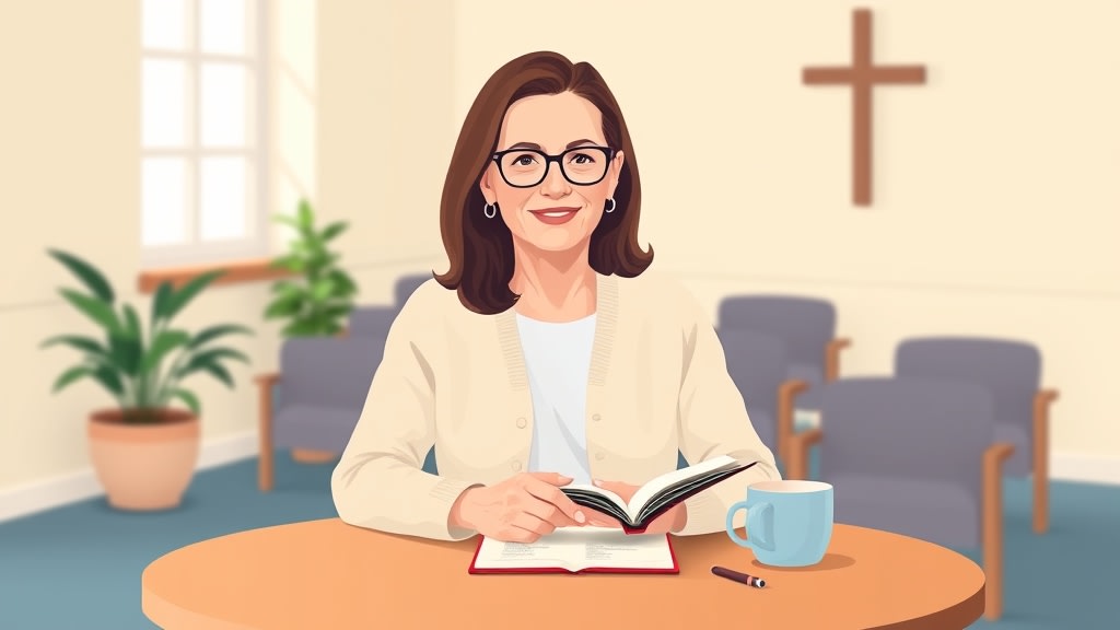 A friendly white woman church administrator sitting at a simple round wooden table in a quiet cream-walled fellowship hall, hands resting on a small bound notebook open to a printed list