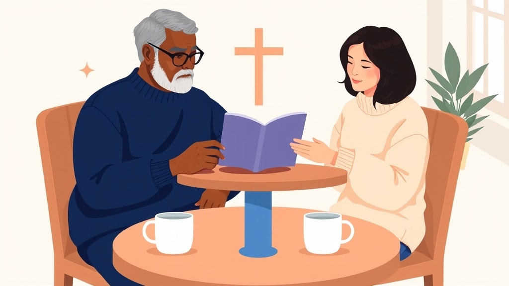 A friendly African American deacon chair and a friendly Asian pastor sitting side by side at a simple round wooden table looking together at a single printed page resting between them